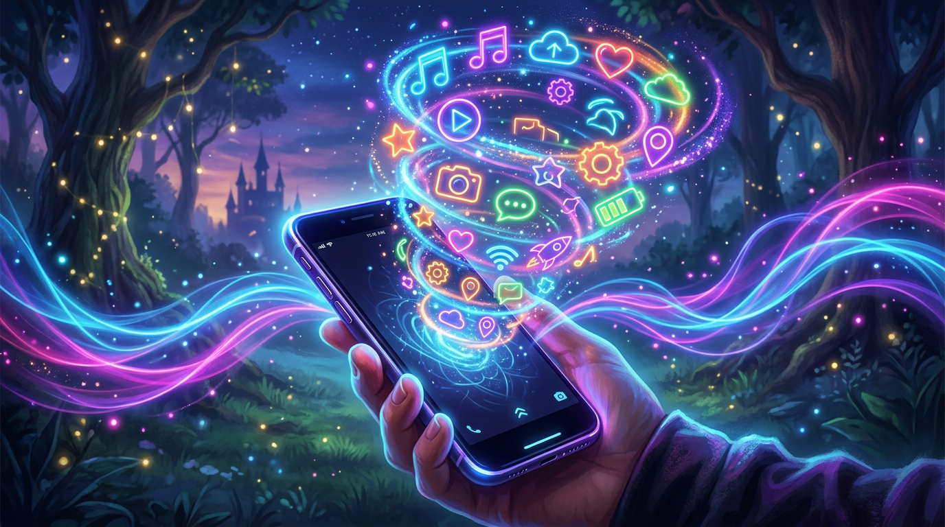 Hand holding smartphone emitting colorful glowing app icons in enchanted forest setting