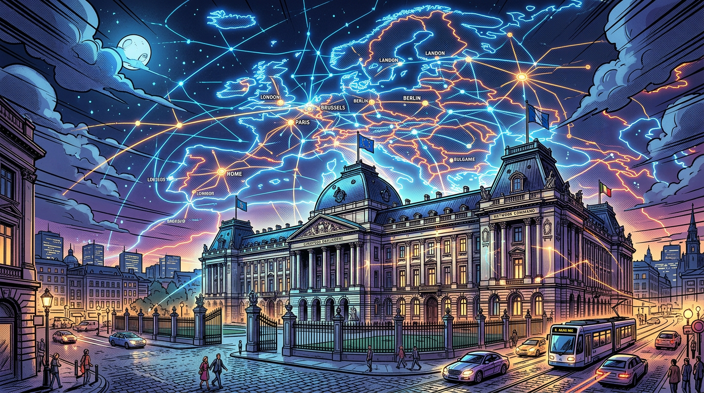 European cityscape with illuminated building and digital network lines connecting major European cities.