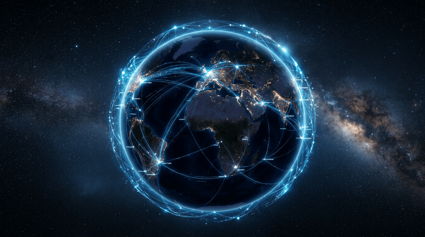 Earth at night with illuminated cities connected by glowing blue network lines