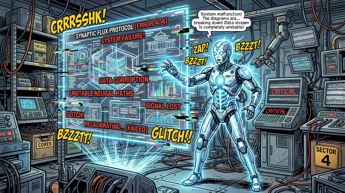Robot displaying system failure, data corruption, and signal loss warnings