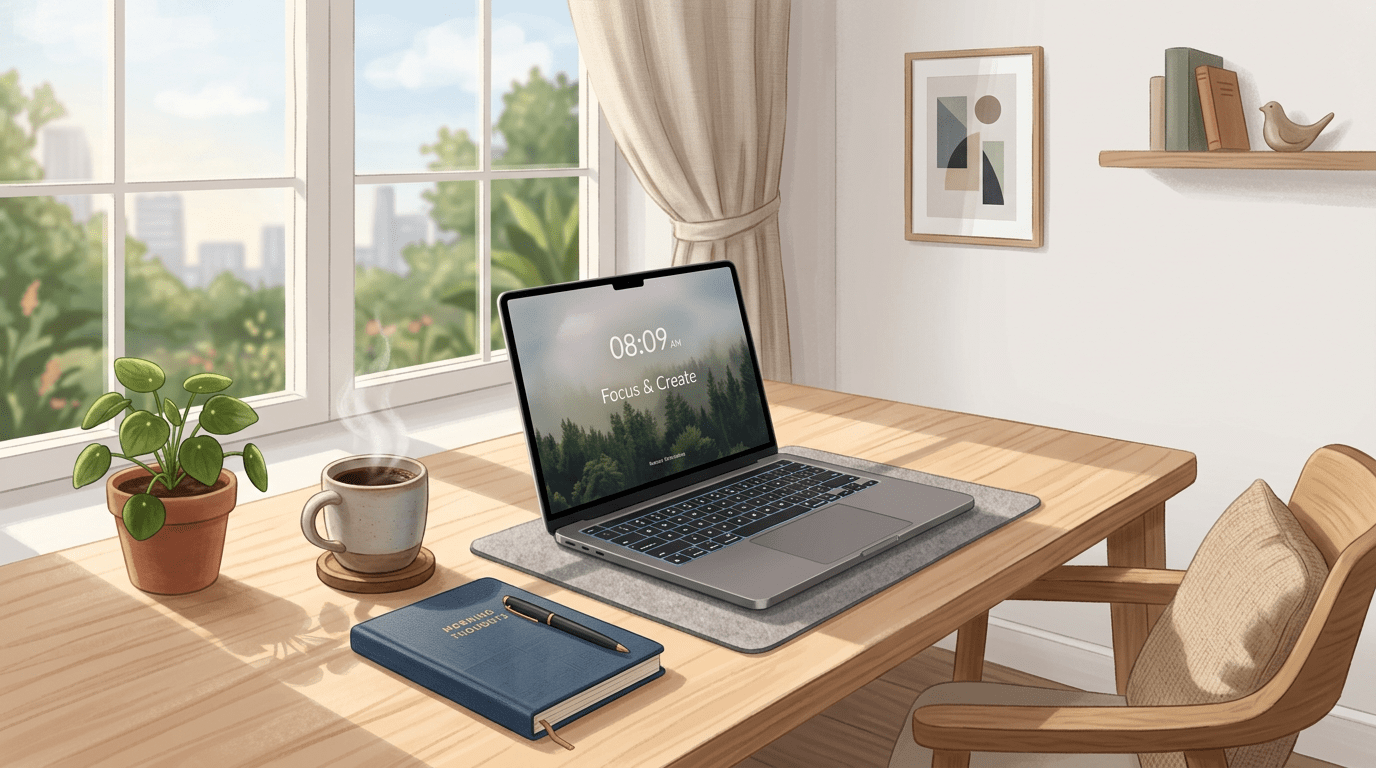 Laptop showing '08:09 AM Focus & Create' next to coffee cup, journal, and plant on wooden table