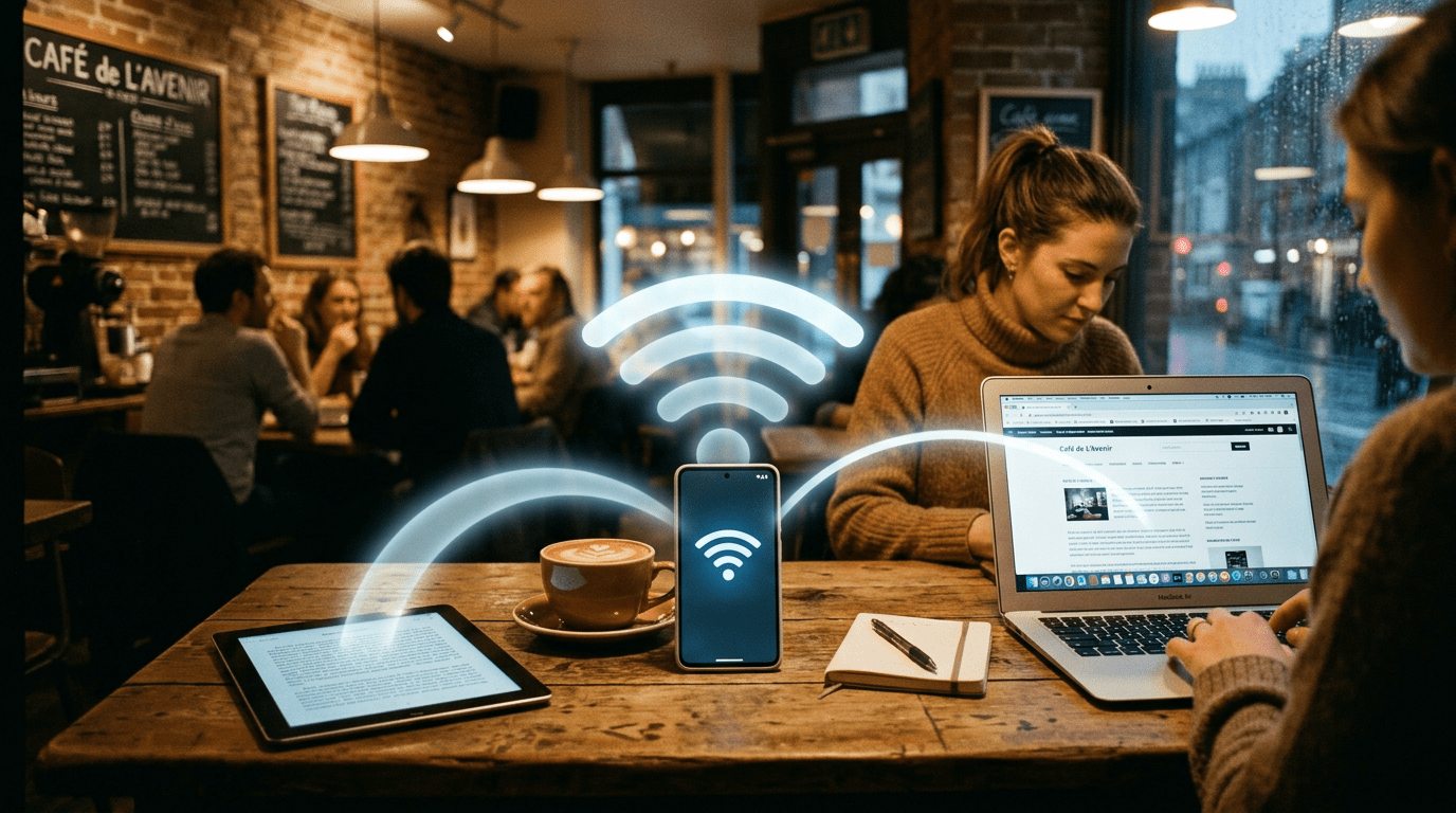 Smartphone showing Wi-Fi symbol with tablet and laptop connected in cafe