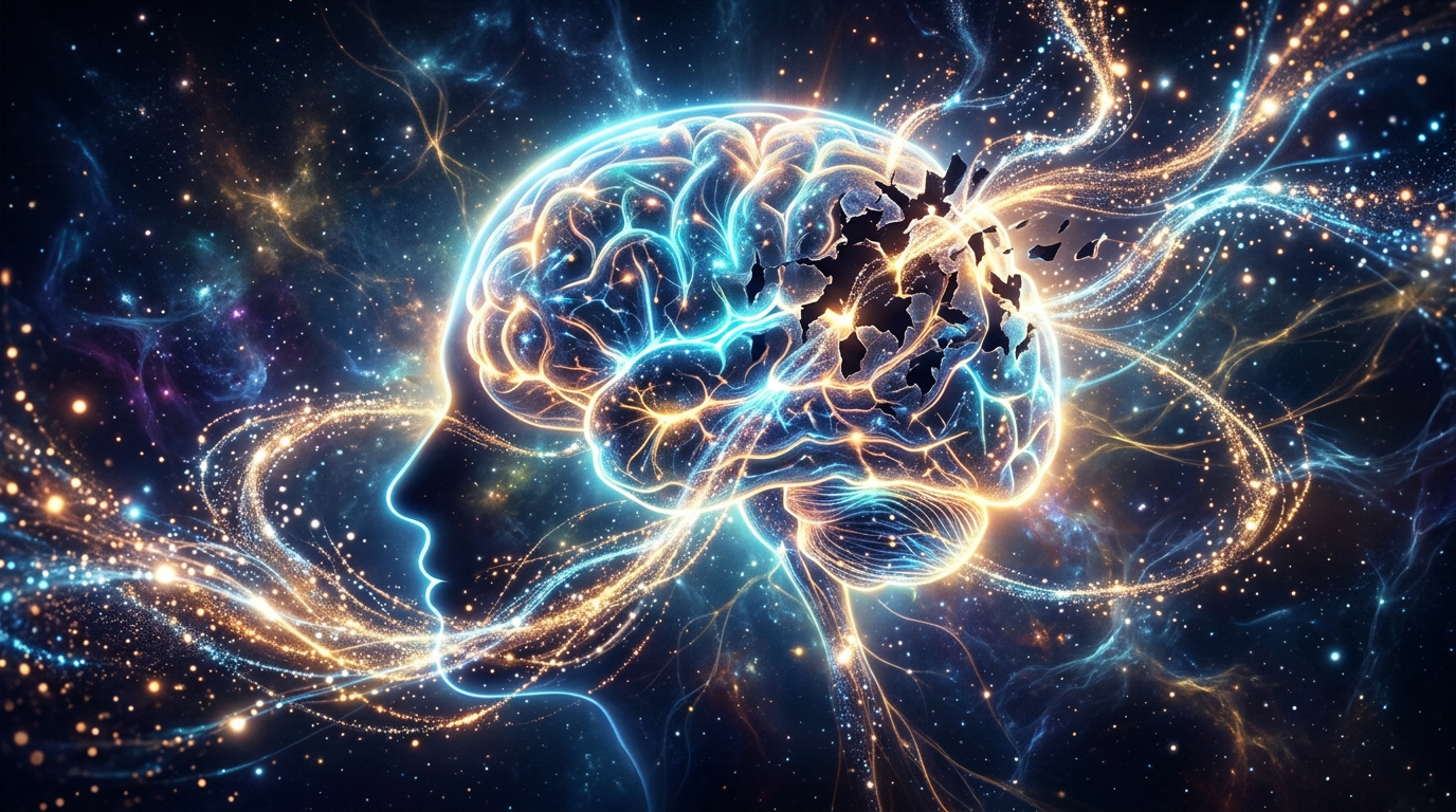 Glowing brain with neural pathways and space-like particles