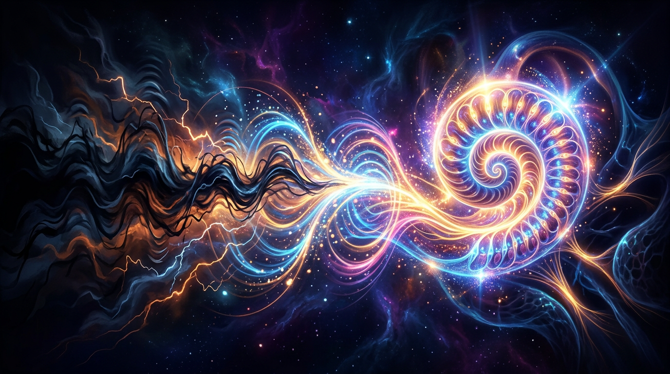 Bright cosmic spiral emitting swirling energy streams and lightning