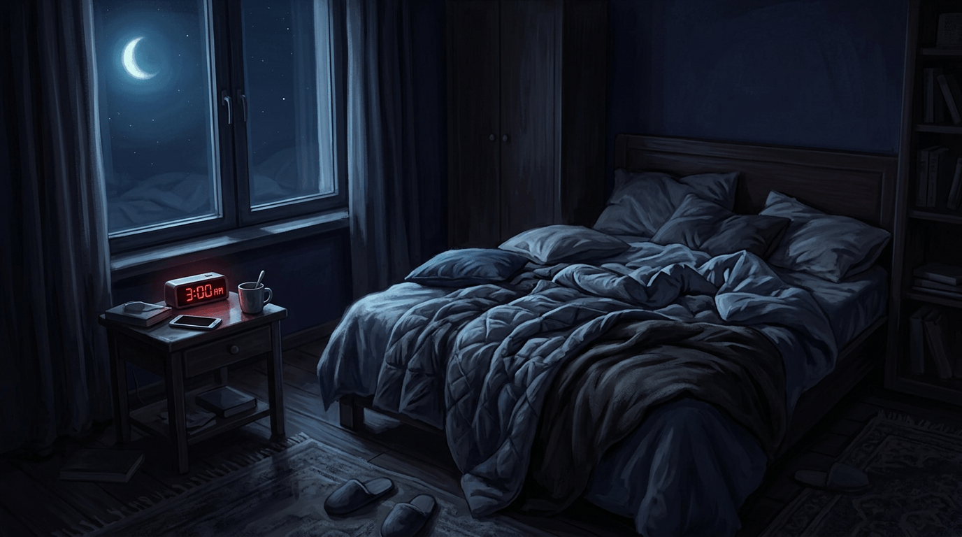 Bedroom interior at night with digital clock showing 3:00 AM, unmade bed, and crescent moon outside window
