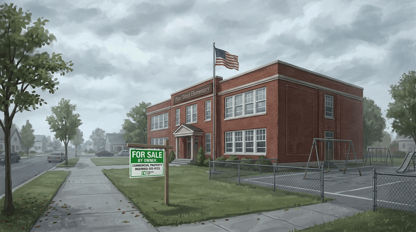 Brick elementary school building with flagpole and playground fenced area, for sale sign in front