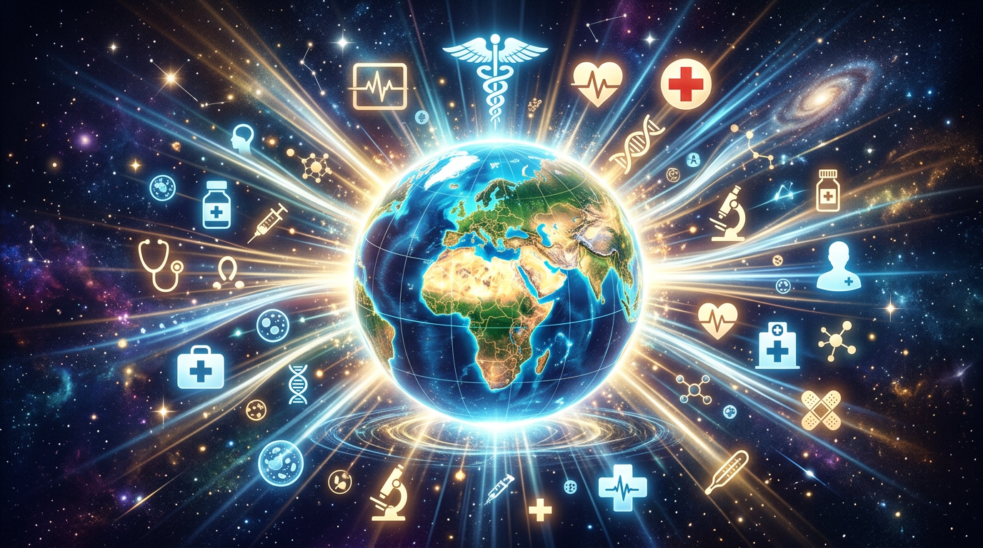Earth with medical and health icons radiating outward in a cosmic background