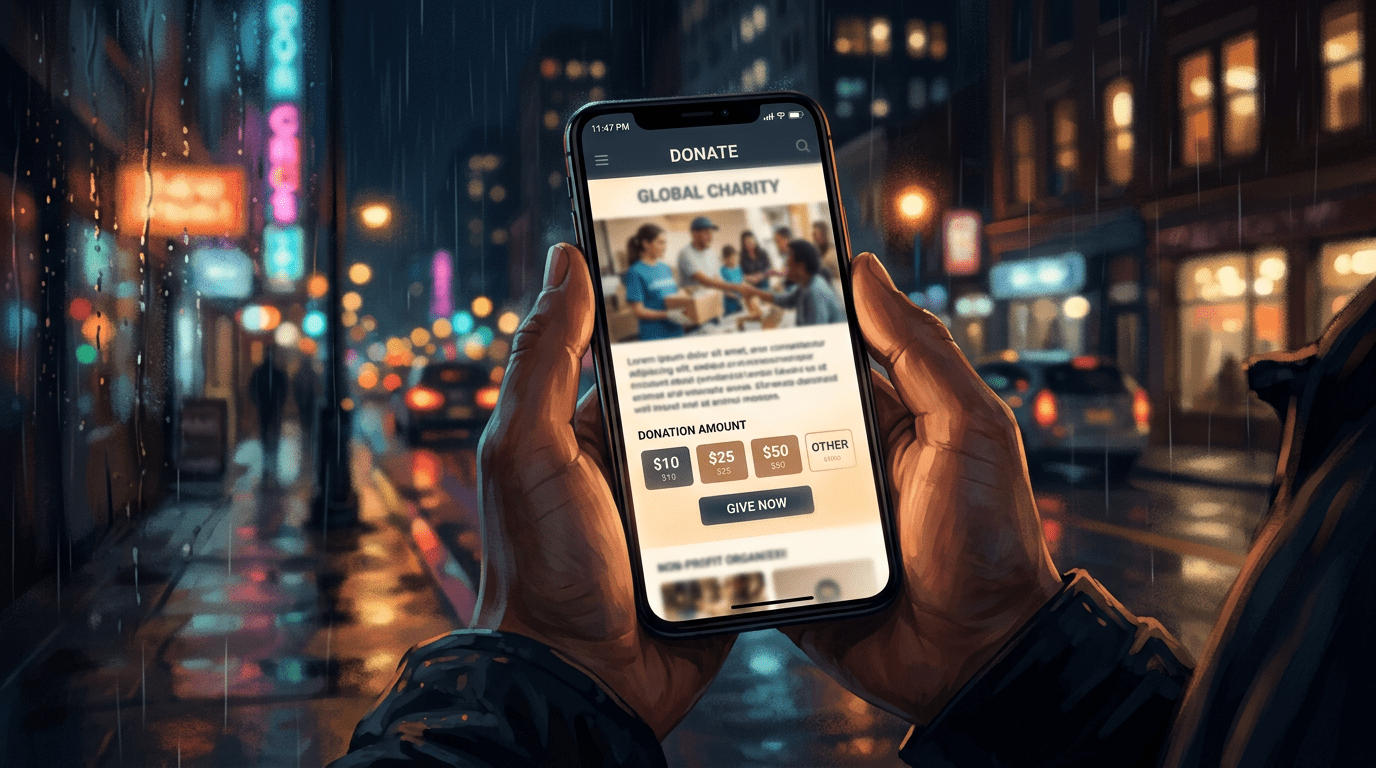 Hands holding smartphone showing donation options for a global charity app at night