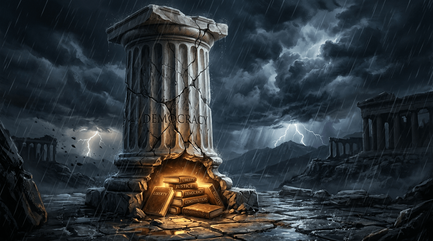 A cracked ancient pillar with the word 'Democracy' above foundational books labeled liberty, justice, democracy, constitution, and rights lying inside its broken base during a storm