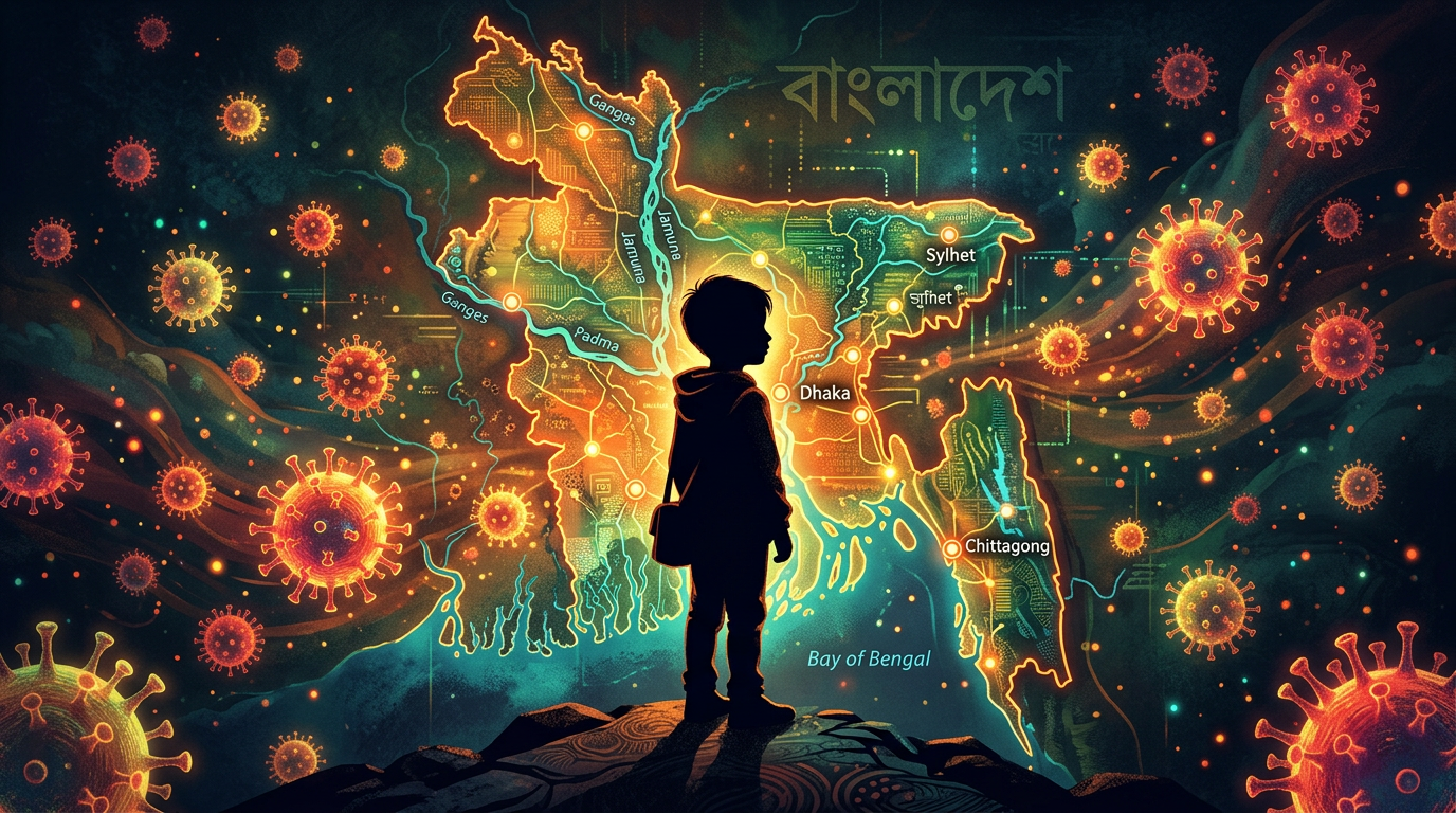Silhouette of child in front of illuminated Bangladesh map with highlighted cities and virus shapes