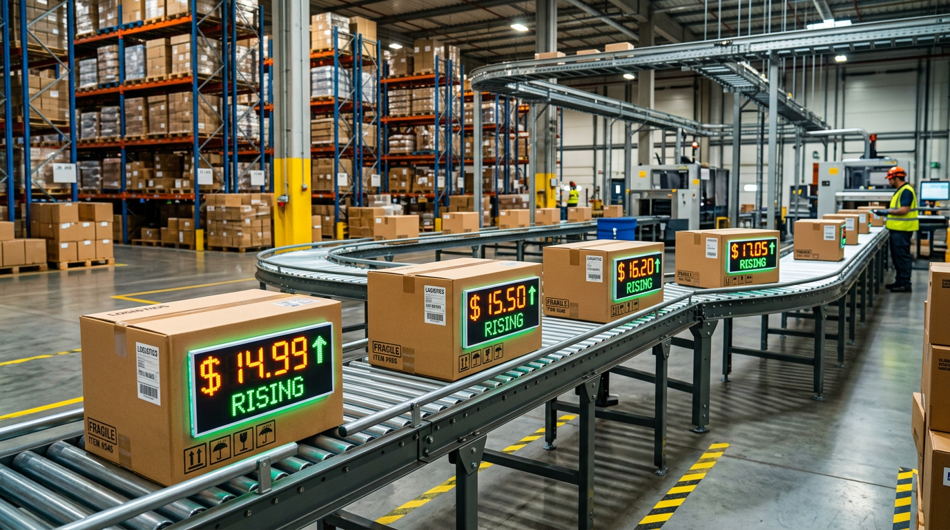 Cardboard boxes on a conveyor belt with digital price tags showing increasing values