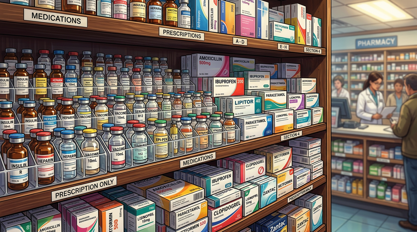 Shelves stocked with bottles and boxes of medications labeled with names like insulin, ibuprofen, and paracetamol.