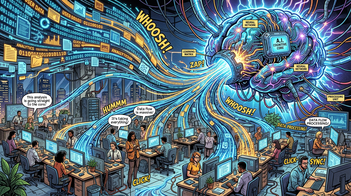 Office workers at computers connected by streams of binary data flowing to an AI brain labeled cognitive core