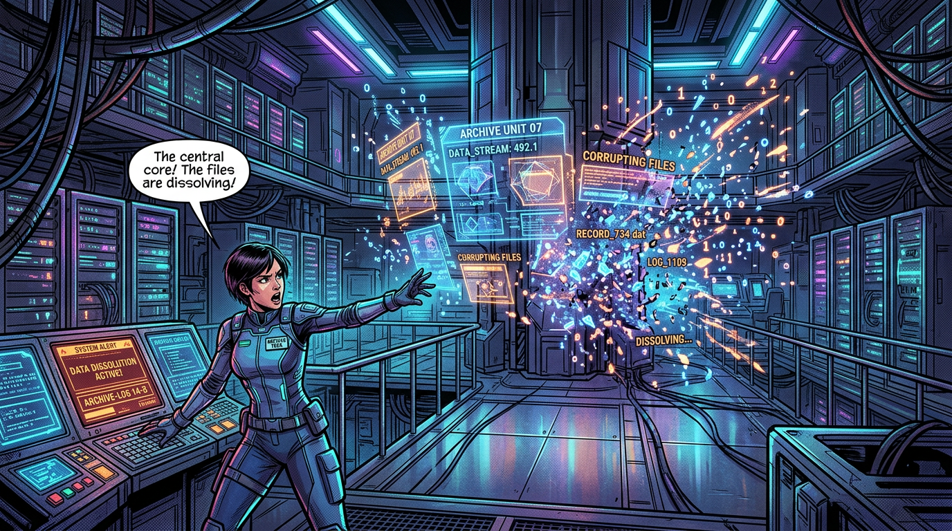 Technician in futuristic suit alarmed by dissolving digital files and data corruption in archive room