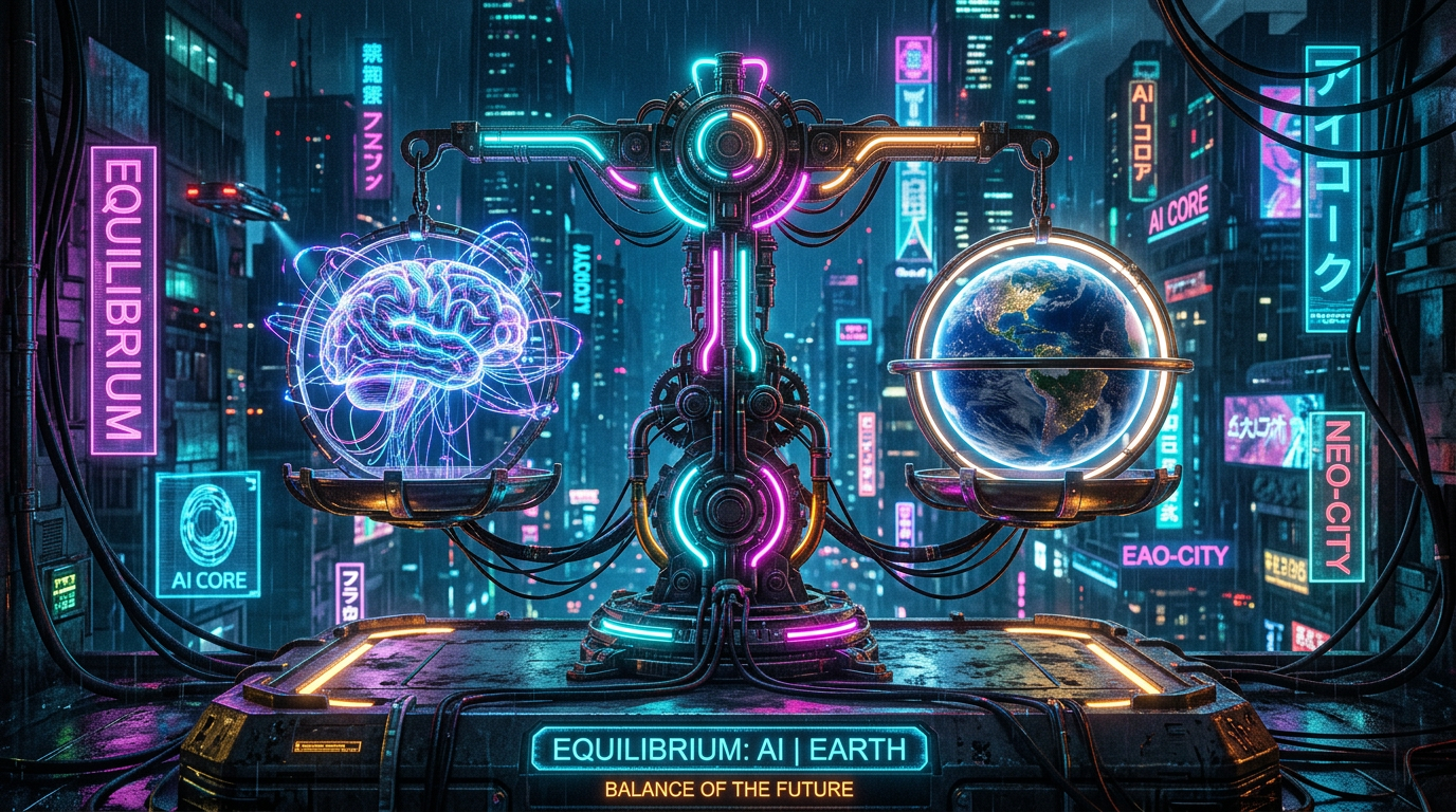 Neon balance scale with a digital brain on one side and Earth on the other