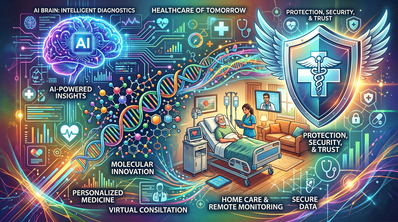 AI brain with diagnostics, DNA strand, nurse attending elderly patient, medical shield for security