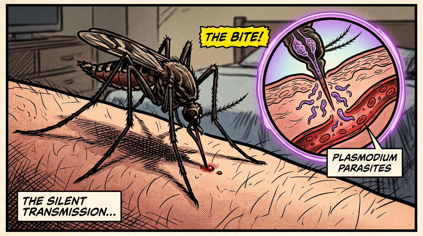 Mosquito biting human skin transmitting Plasmodium parasites causing malaria