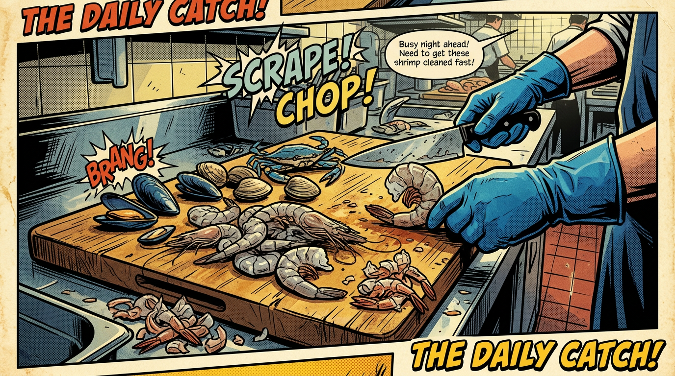 Hands wearing blue gloves cleaning shrimp on a wooden cutting board surrounded by various seafood