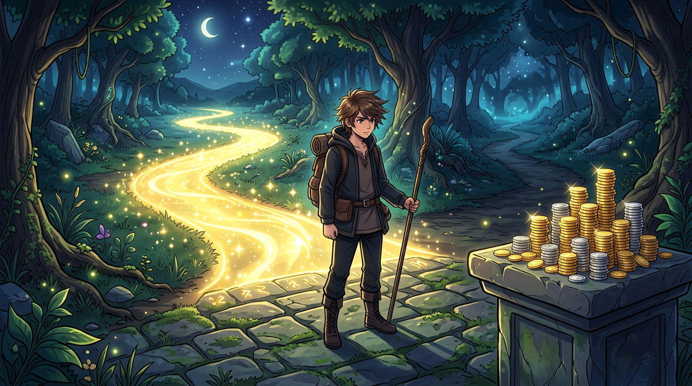 Young adventurer with staff at forest crossroads near glowing treasure coins