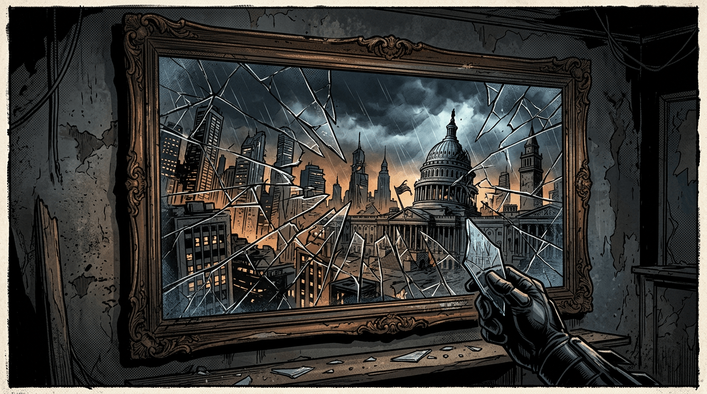 Broken window showing city skyline with domed capitol and tall buildings under dark clouds