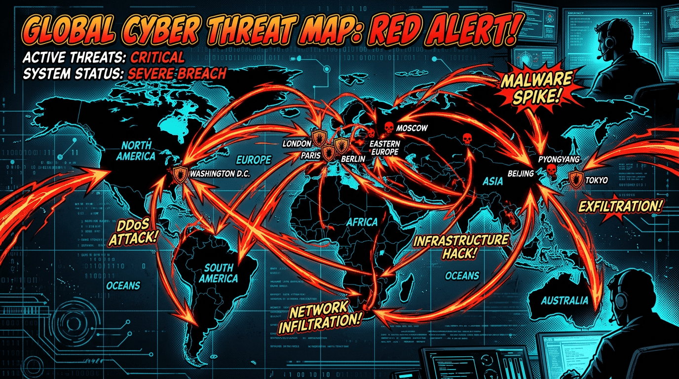 World map highlighting global cyber threats with arrows indicating attack flows to major cities like Washington, London, Tokyo, and Moscow