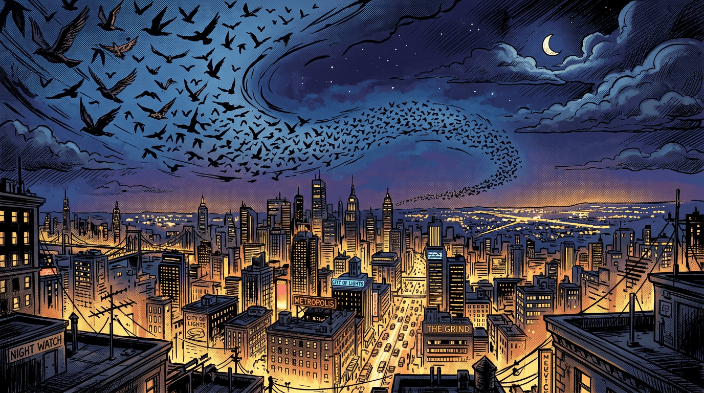 City skyline at dusk with swarming flock of birds under crescent moon