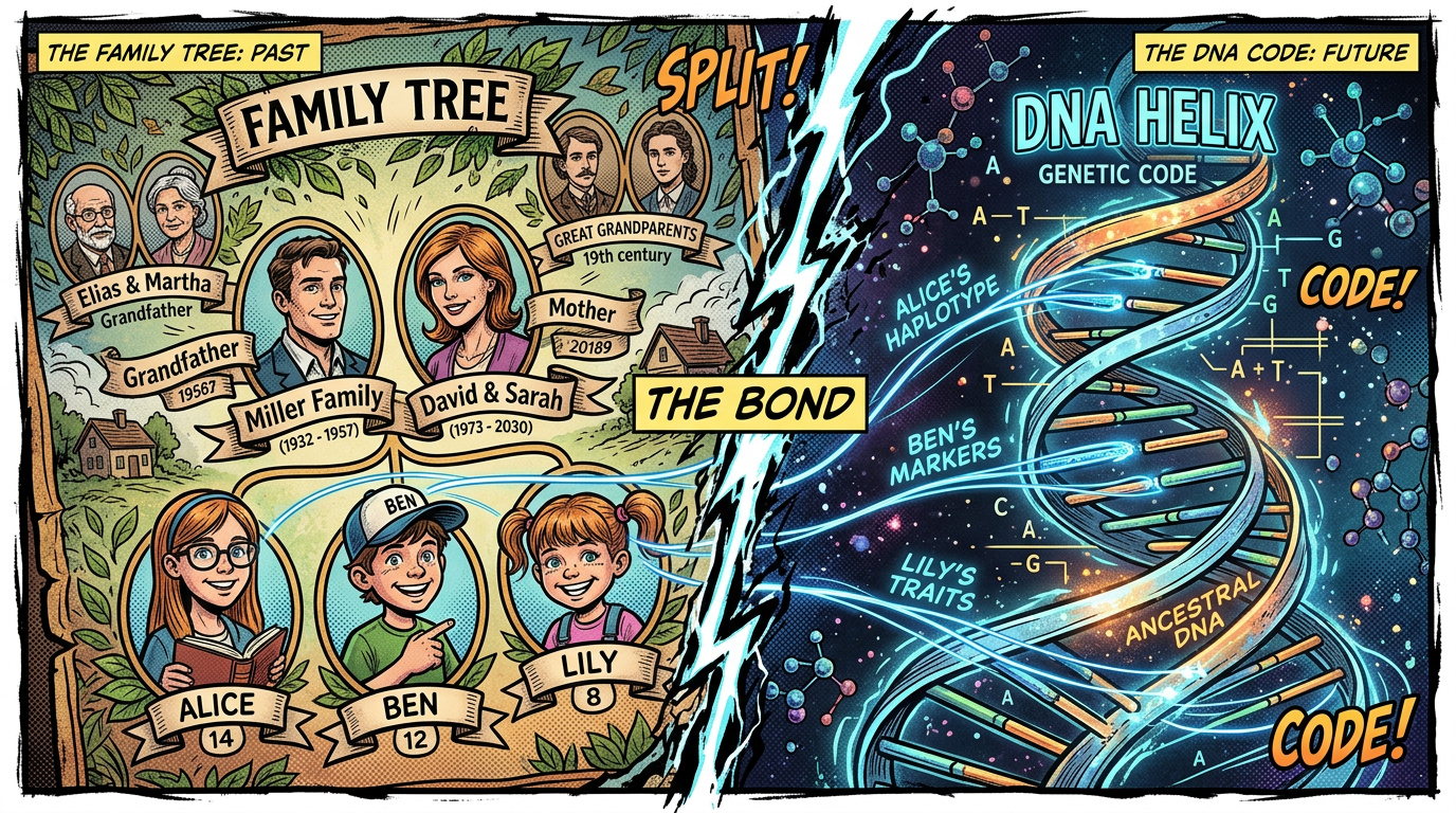 Family tree with past generations linked to DNA helix showing genetic code and traits
