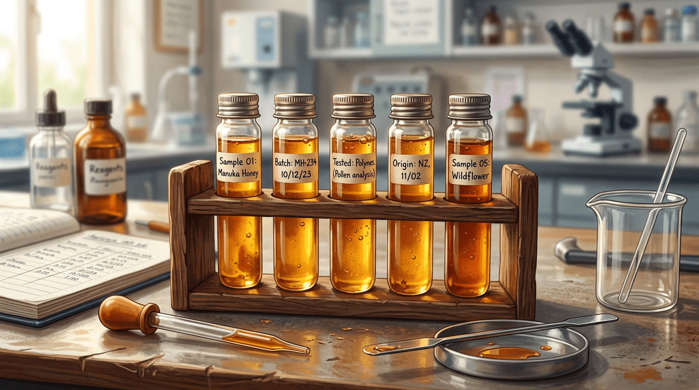 Five test tubes filled with various honey samples labeled with details such as type, batch number, and origin