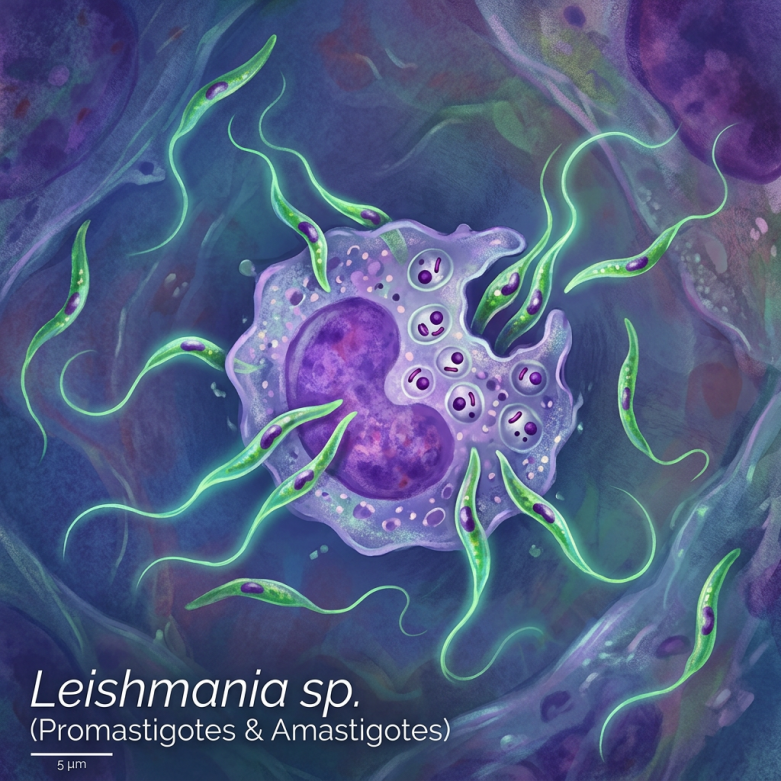 Leishmania parasites in promastigote and amastigote stages around a host cell
