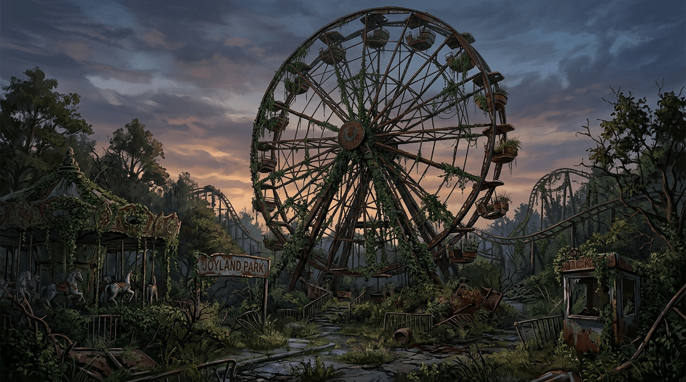 Overgrown abandoned amusement park with rusted Ferris wheel