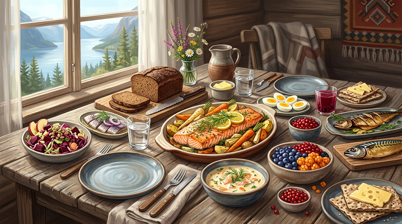 Table with salmon, boiled eggs, berries, bread, fish, salad, and butter near a window showing mountains and lake