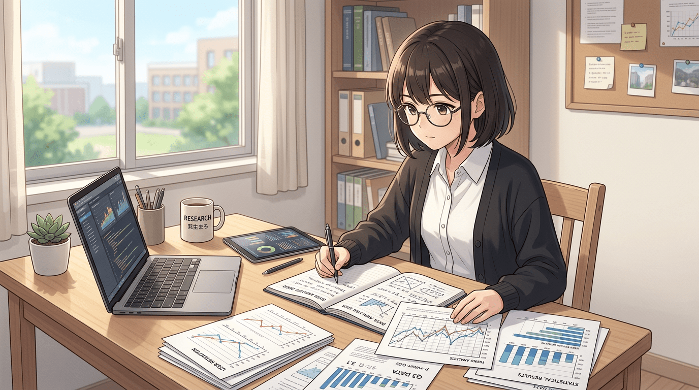 Woman studying charts and graphs with laptop, tablet, and papers on desk