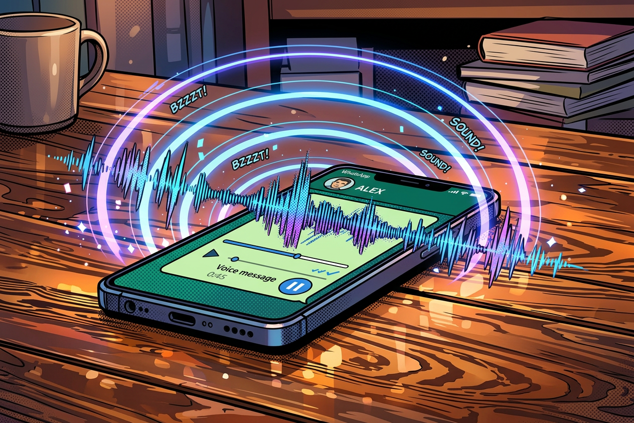 Smartphone on wooden table emitting glowing musical notes and sound waves