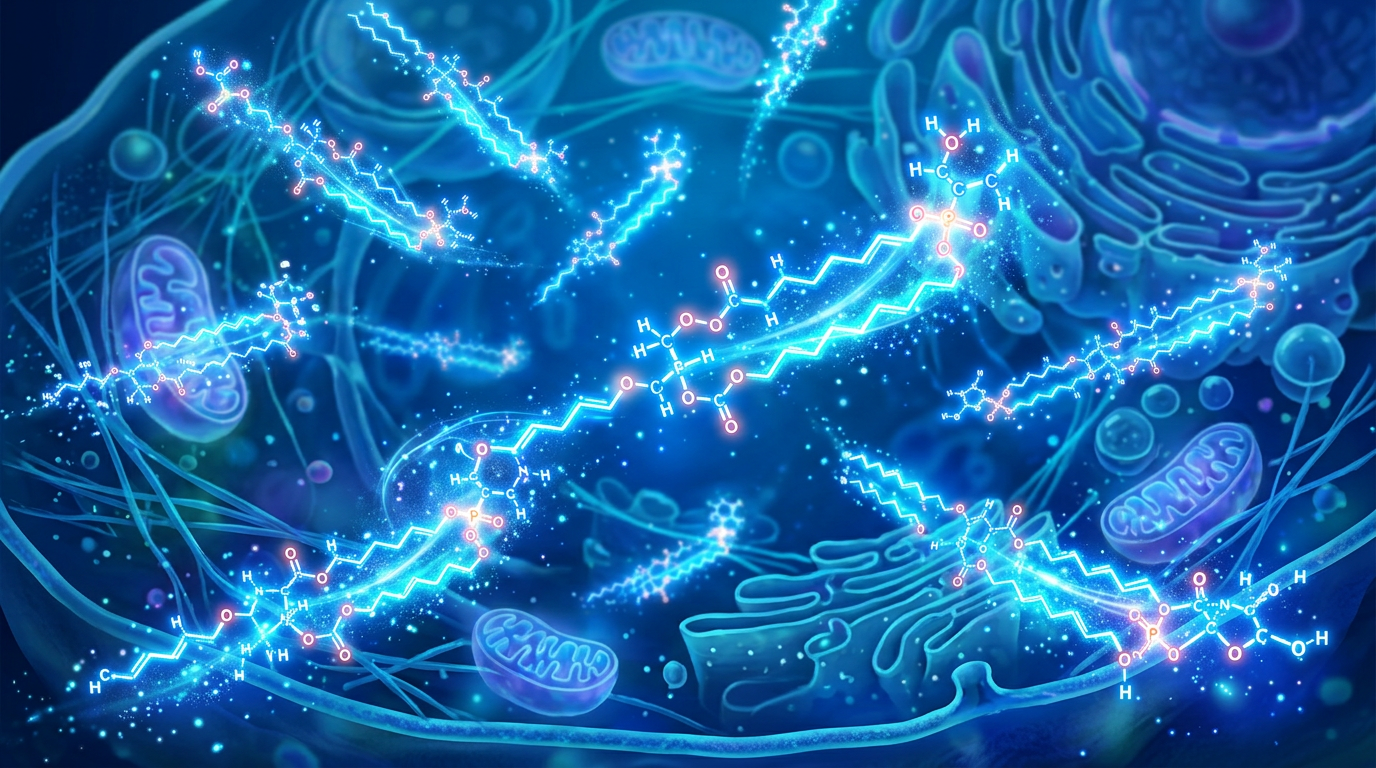 Visualization of lipid molecules with chemical structures inside a cell showing mitochondria and cellular organelles