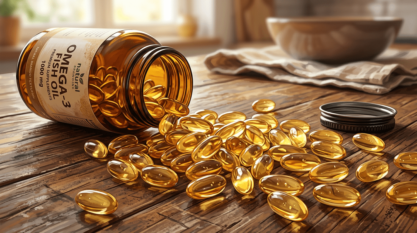 Macro fish oil capsules spilled from glass bottle