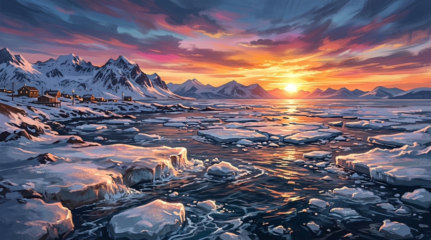 Arctic coast sunset with melting sea ice