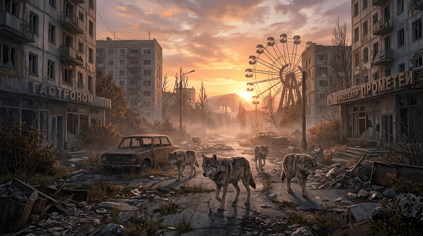 Pack of wolves walking down a deserted urban street with ruined buildings and rusted cars at sunset