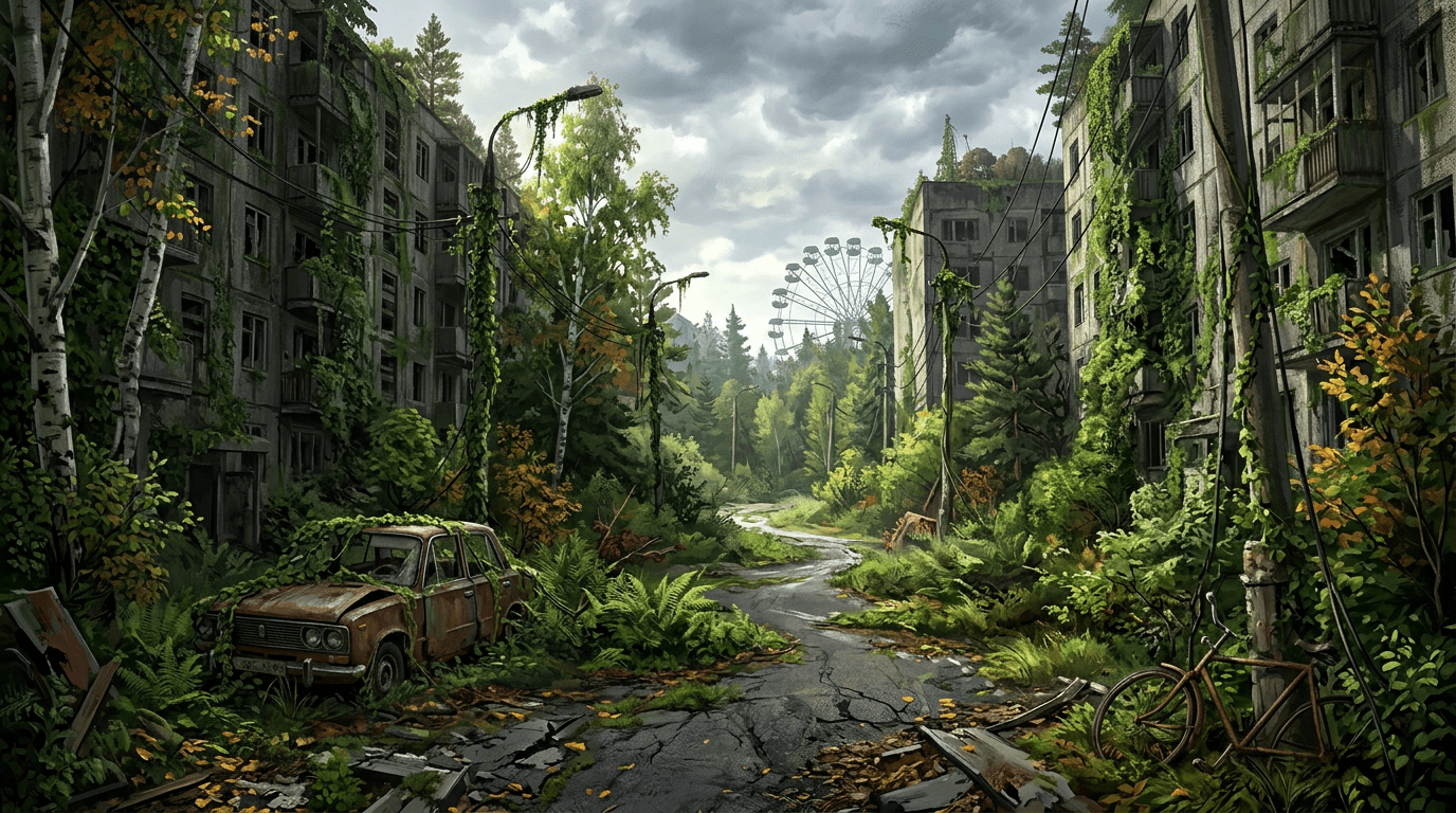 Abandoned urban street with overgrown vegetation, rusted car, broken pavement, and empty buildings