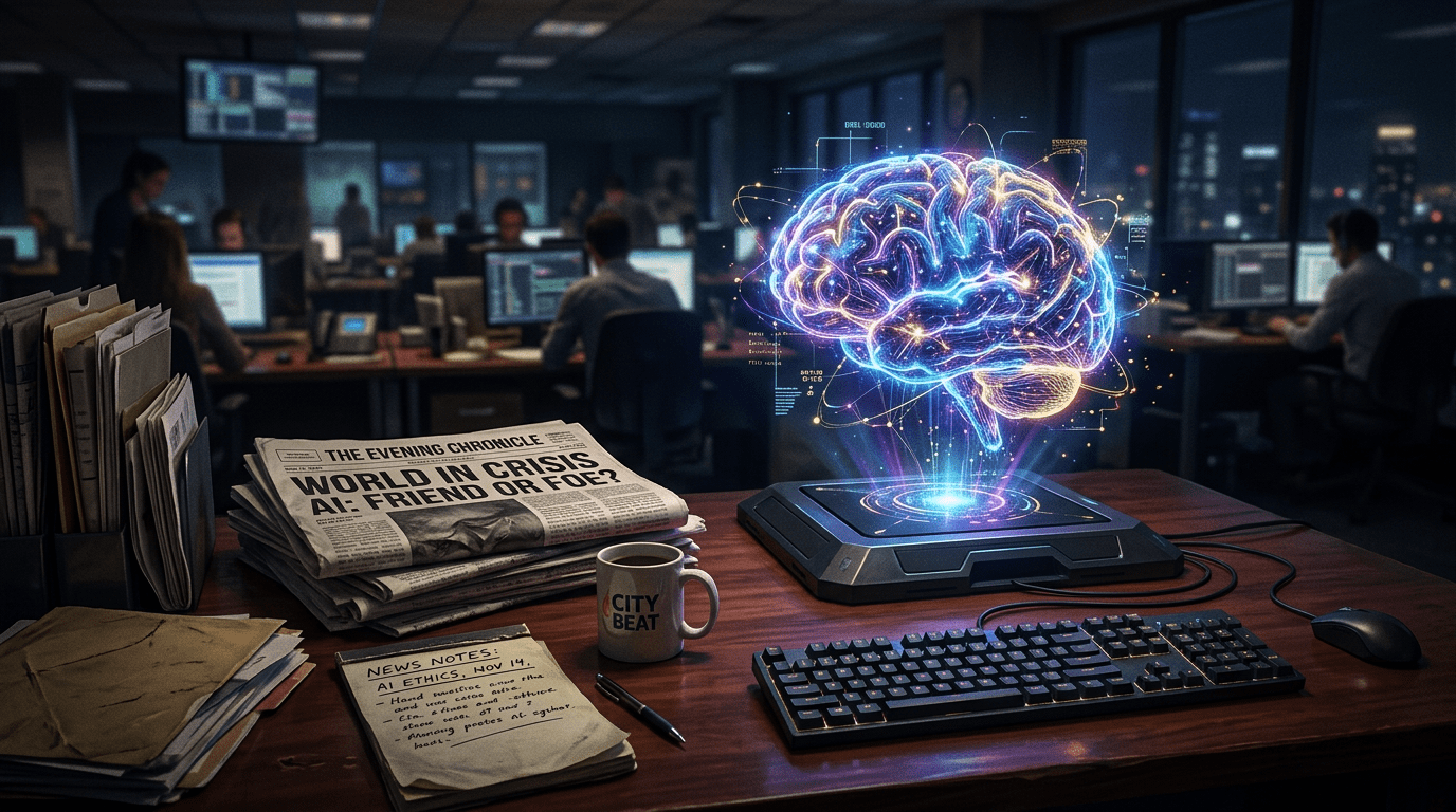 Holographic brain projection on a news desk with newspapers and notes about AI ethics