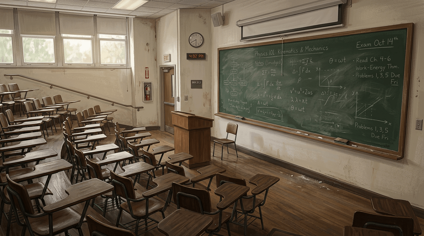 Empty classroom with wooden desks and physics equations on chalkboard