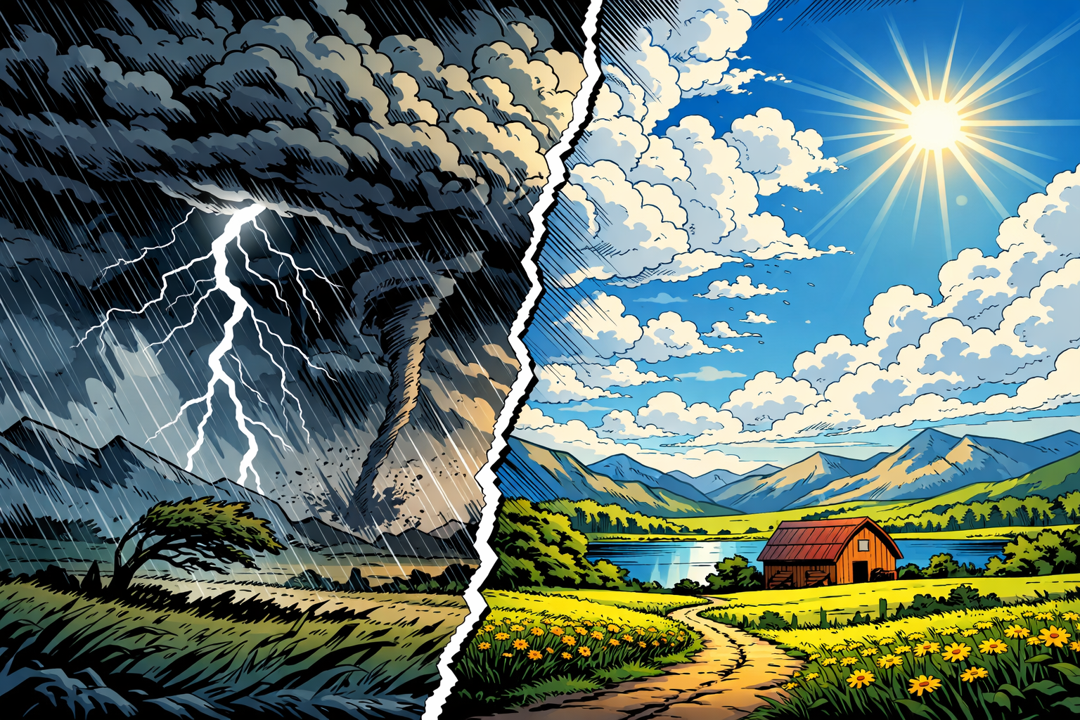 Split landscape with a dark stormy scene featuring a tornado and lightning on the left, and a bright sunny countryside with flowers, a barn, and mountains on the right.
