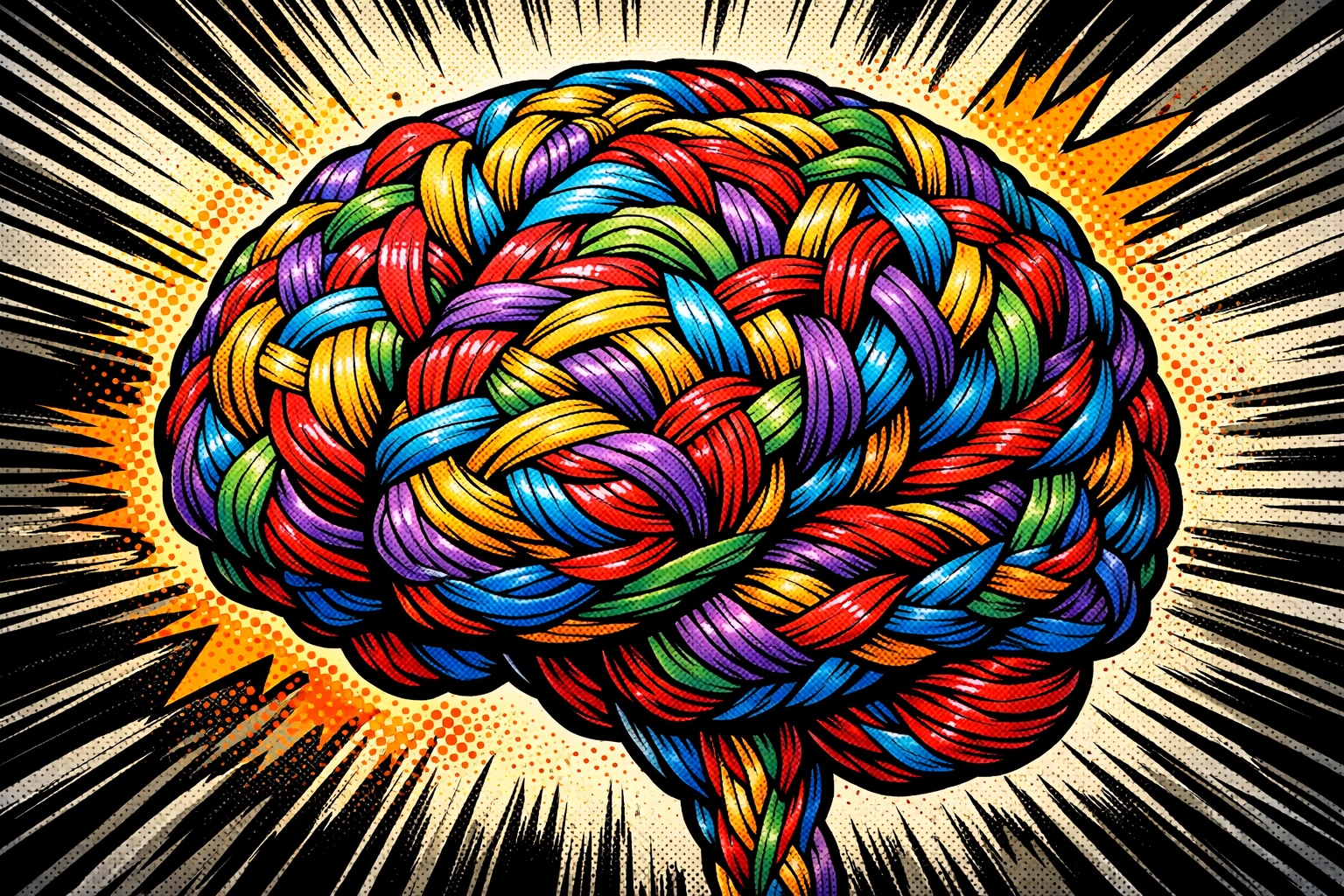 Illustration of a brain formed by tightly woven multicolored strands against a dynamic burst background.
