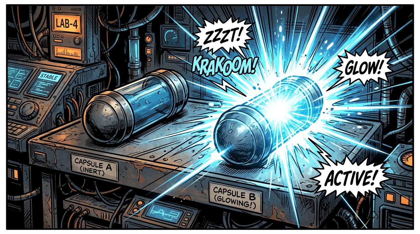 Two cylindrical capsules on a lab bench, one glowing bright blue and active, the other inert