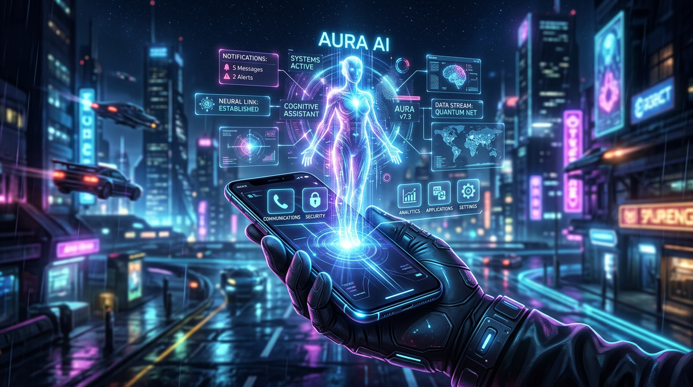 Holographic AI assistant projection from smartphone in futuristic city