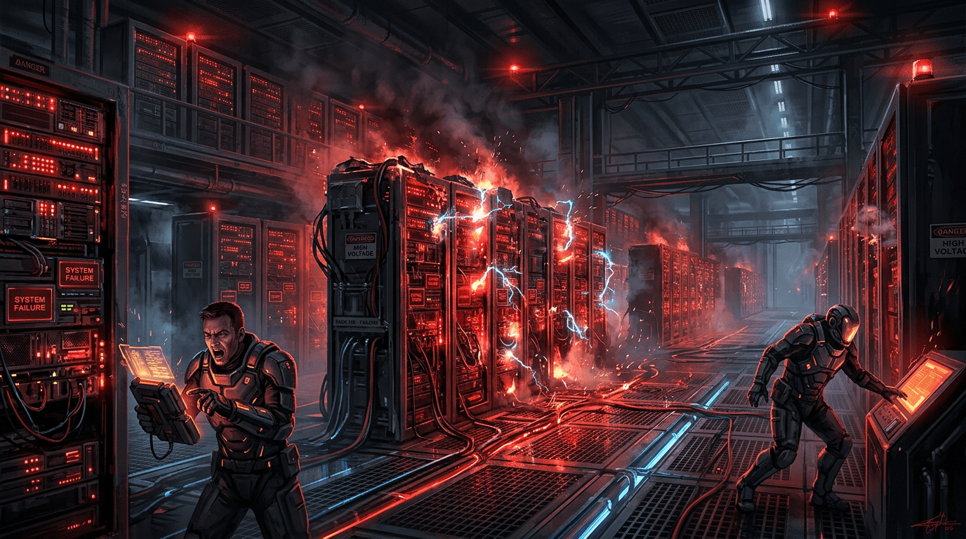 Two technicians in protective suits responding to a fire in a server room with sparking electrical equipment