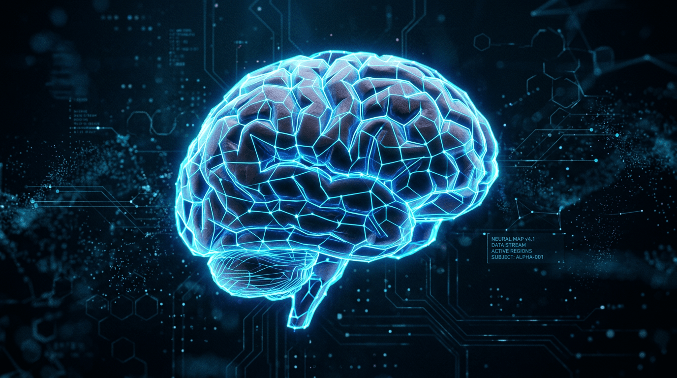 Digital glowing neural map of a human brain with data streams