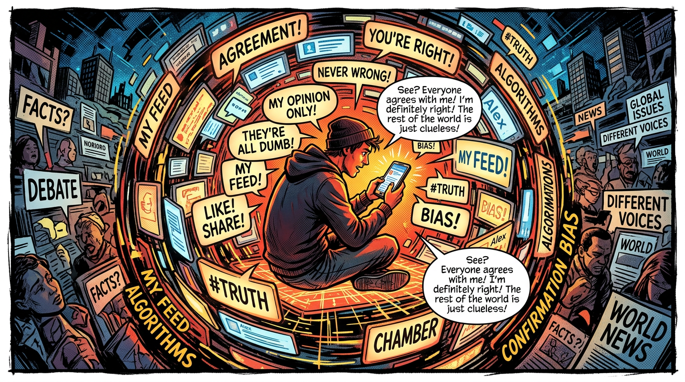 Person surrounded by social media posts and articles showing confirmation bias and echo chamber effects
