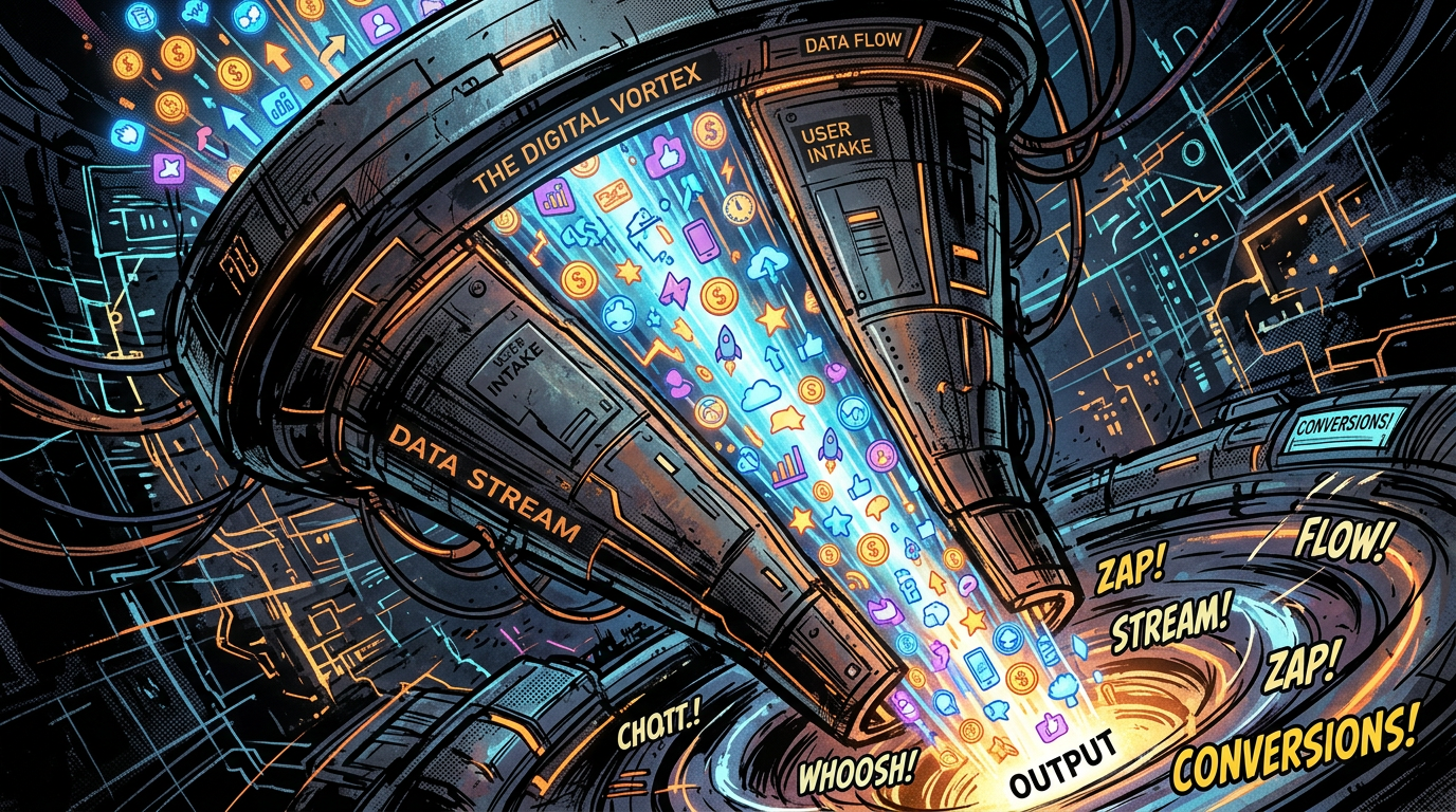 Mechanical vortex funneling digital data icons into output labeled conversions