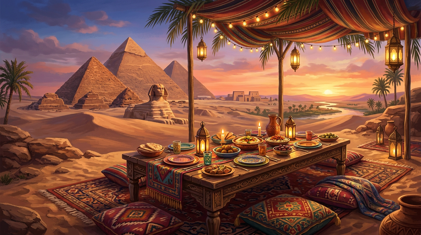 Outdoor dining table with Middle Eastern food and lanterns near pyramids and the Sphinx at sunset