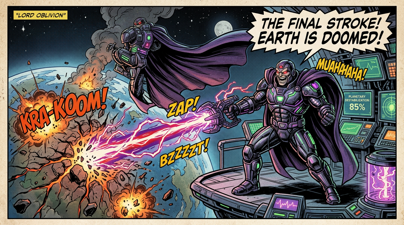 Villain in armor firing energy weapon causing explosions on Earth with control room monitors showing planetary destabilization at 85%